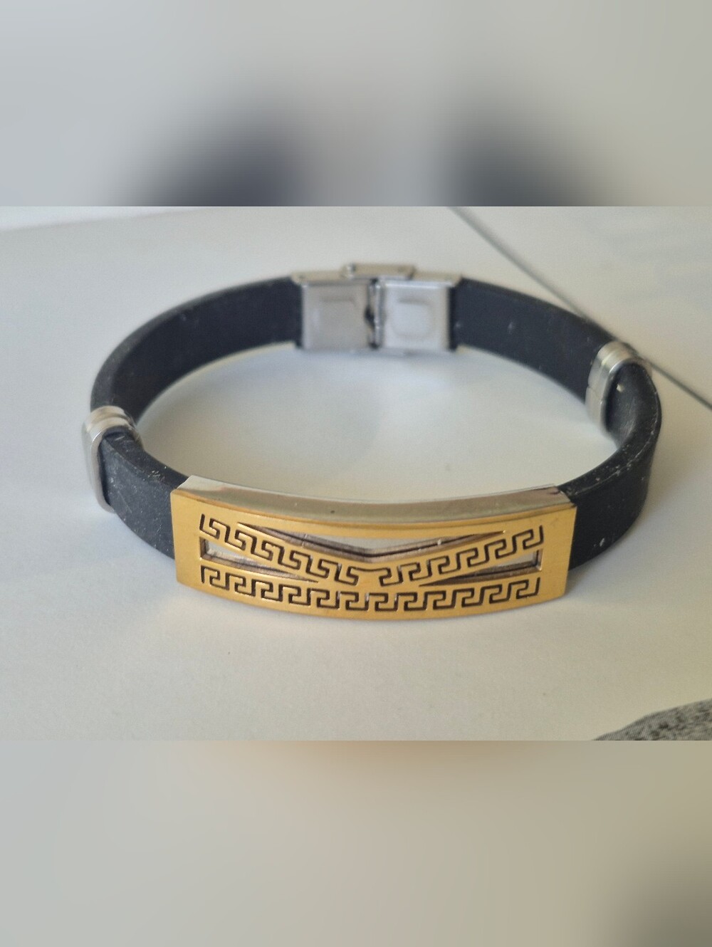 Men's Black Silicone Bracelet with Gold Greek Key Accent And Stainless Clasp